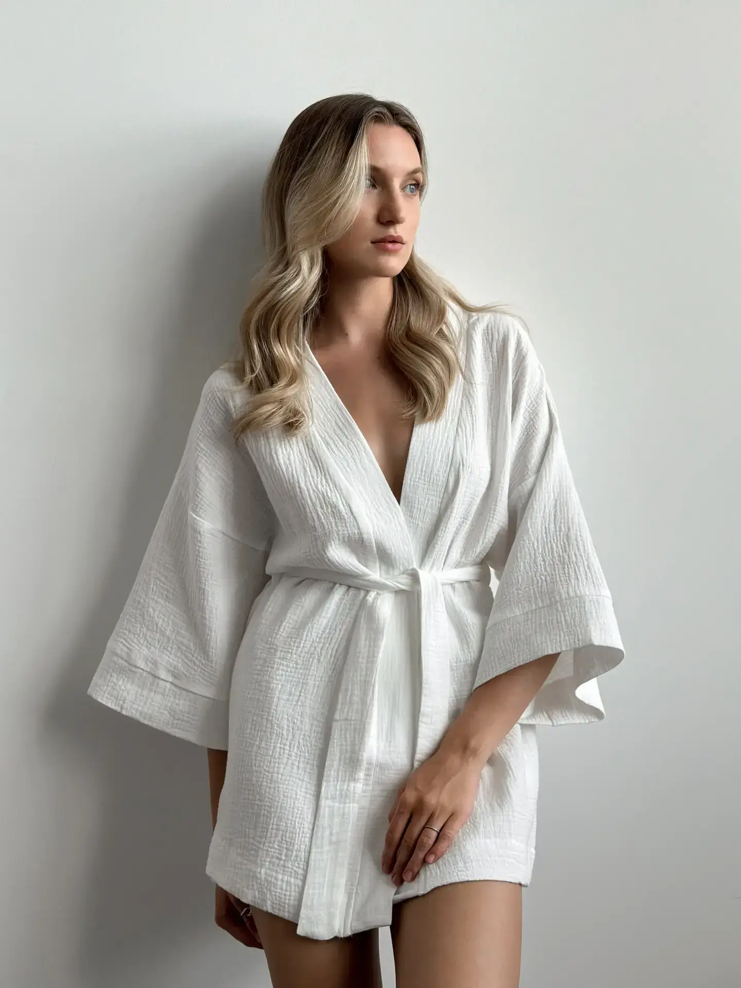 Komplet szlafrok krótki kimono i szorty, z muślinu dwuwarstwowego, biały