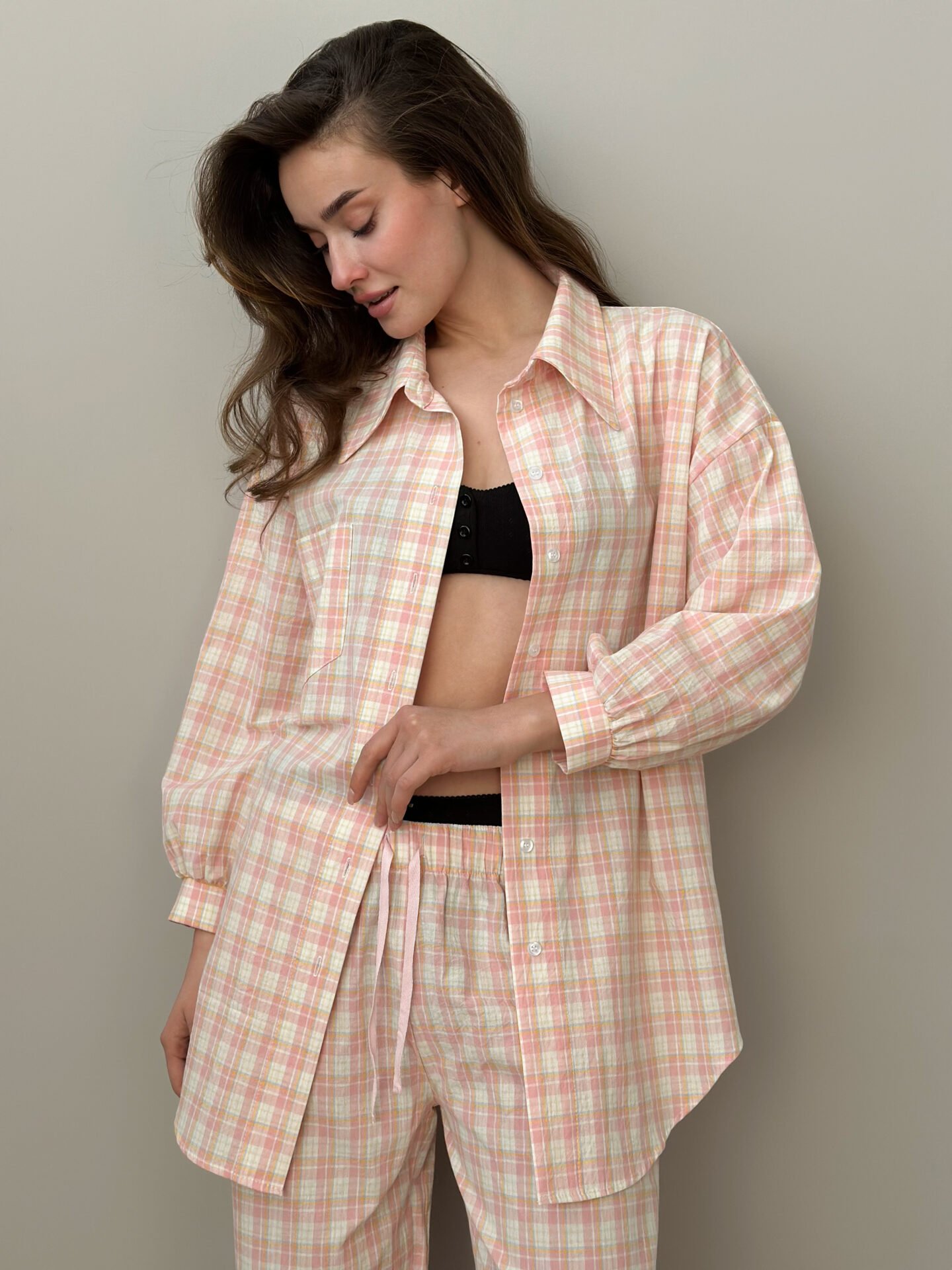 Koszula z bawełny pranej, w różowo-żółtą kratkę