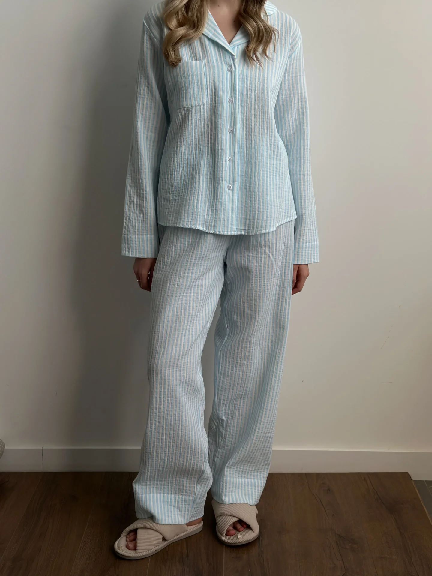 Komplet koszula i spodnie, z muślinu, w niebieskie paski