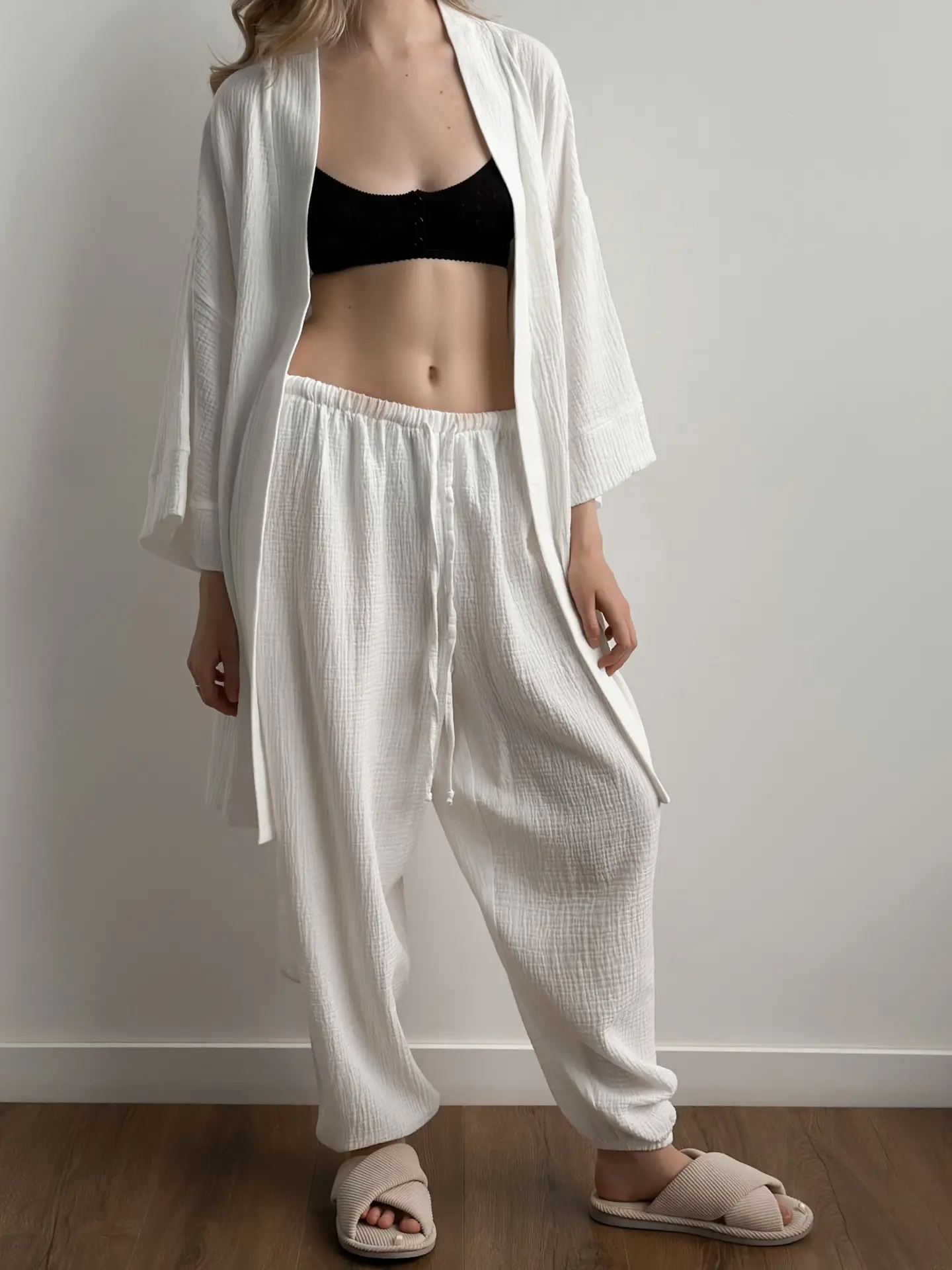 Spodnie Mono szarawary z muślinu dwuwarstwowego, białe