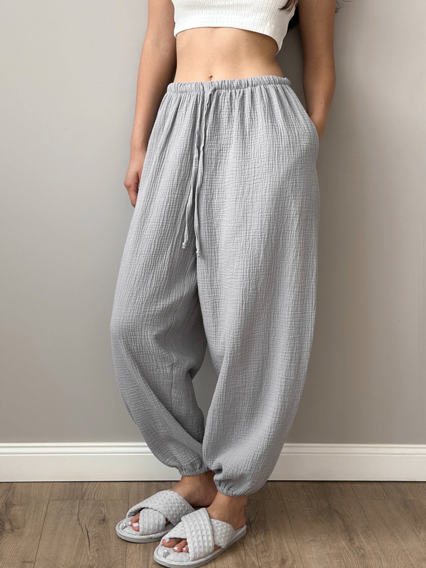 Spodnie Mono szarawary z muślinu dwuwarstwowego, szare