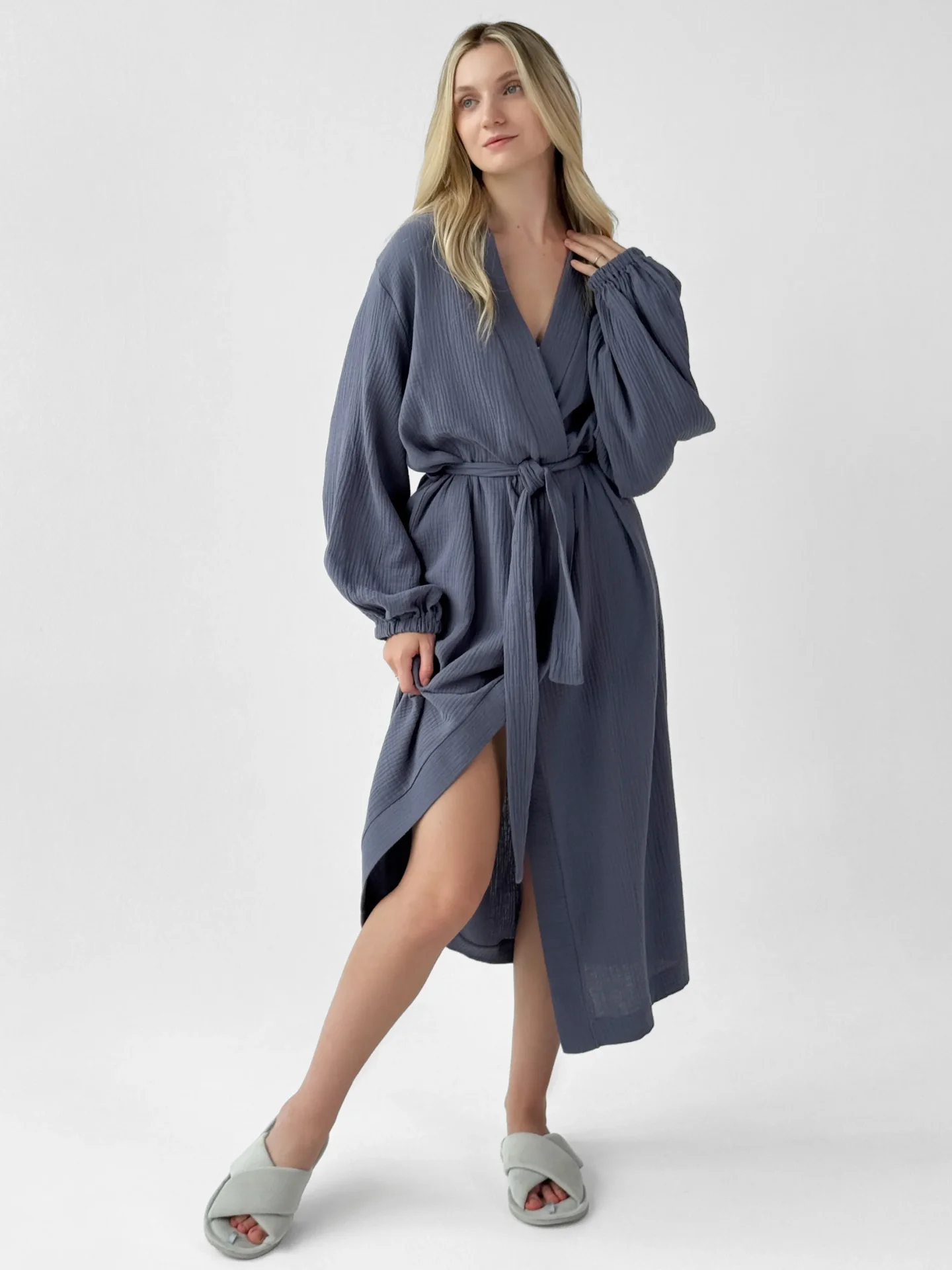 Szlafrok długi z muślinu dwuwarstwowego, granatowy