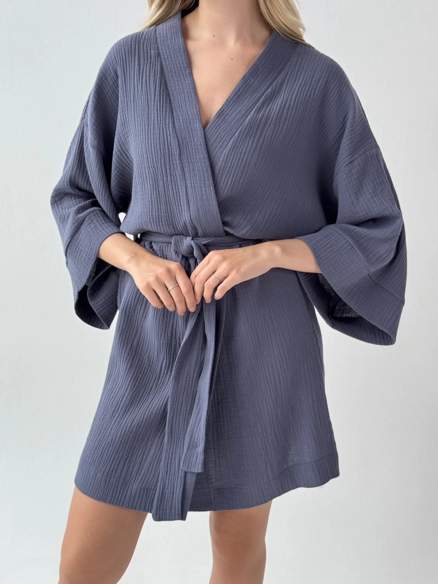 Szlafrok krótki kimono z muślinu dwuwarstwowego, granatowy