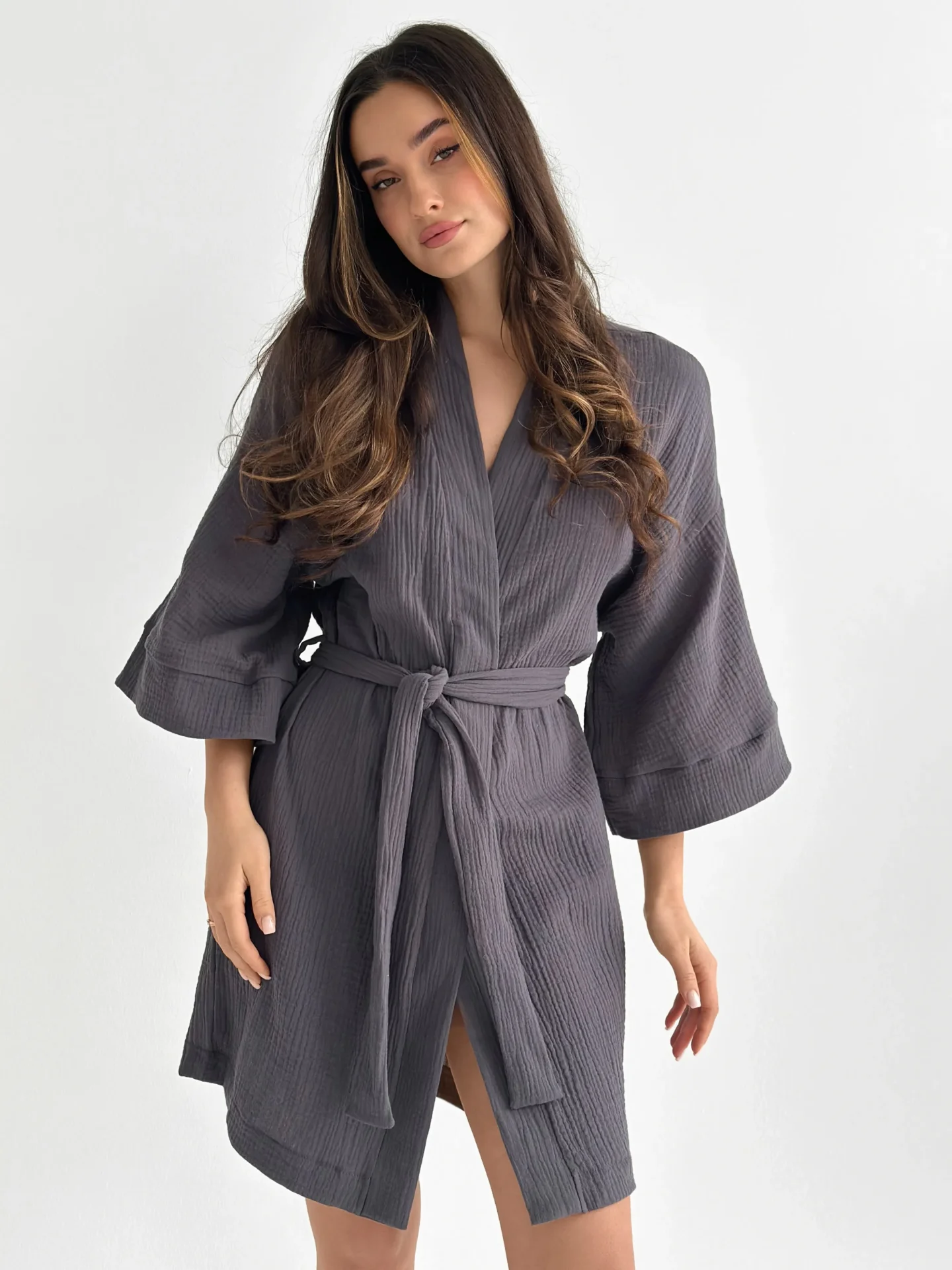 Szlafrok krótki kimono z muślinu dwuwarstwowego, grafitowy