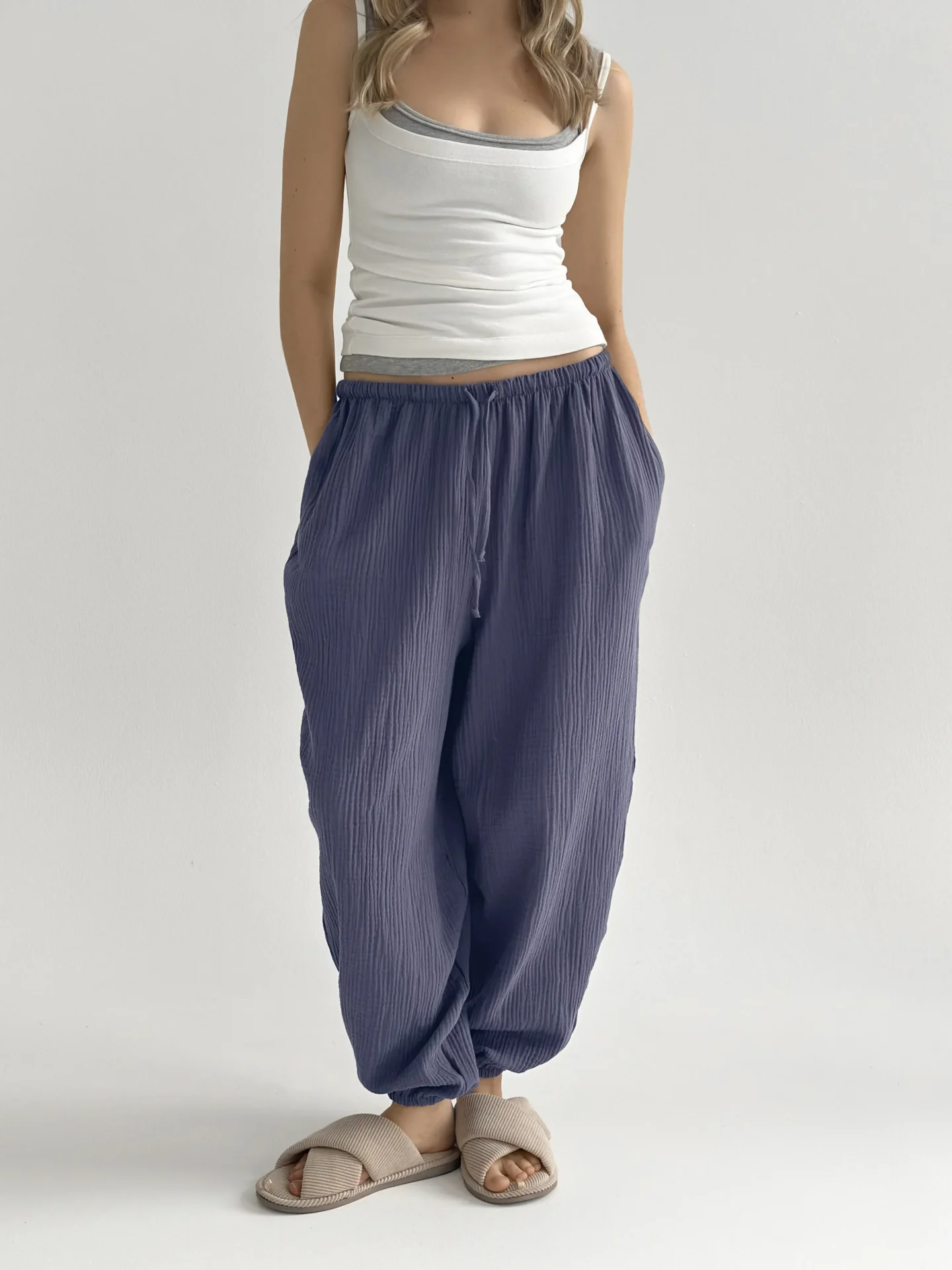 Spodnie szarawary z muślinu dwuwarstwowego, jasnoniebieskie