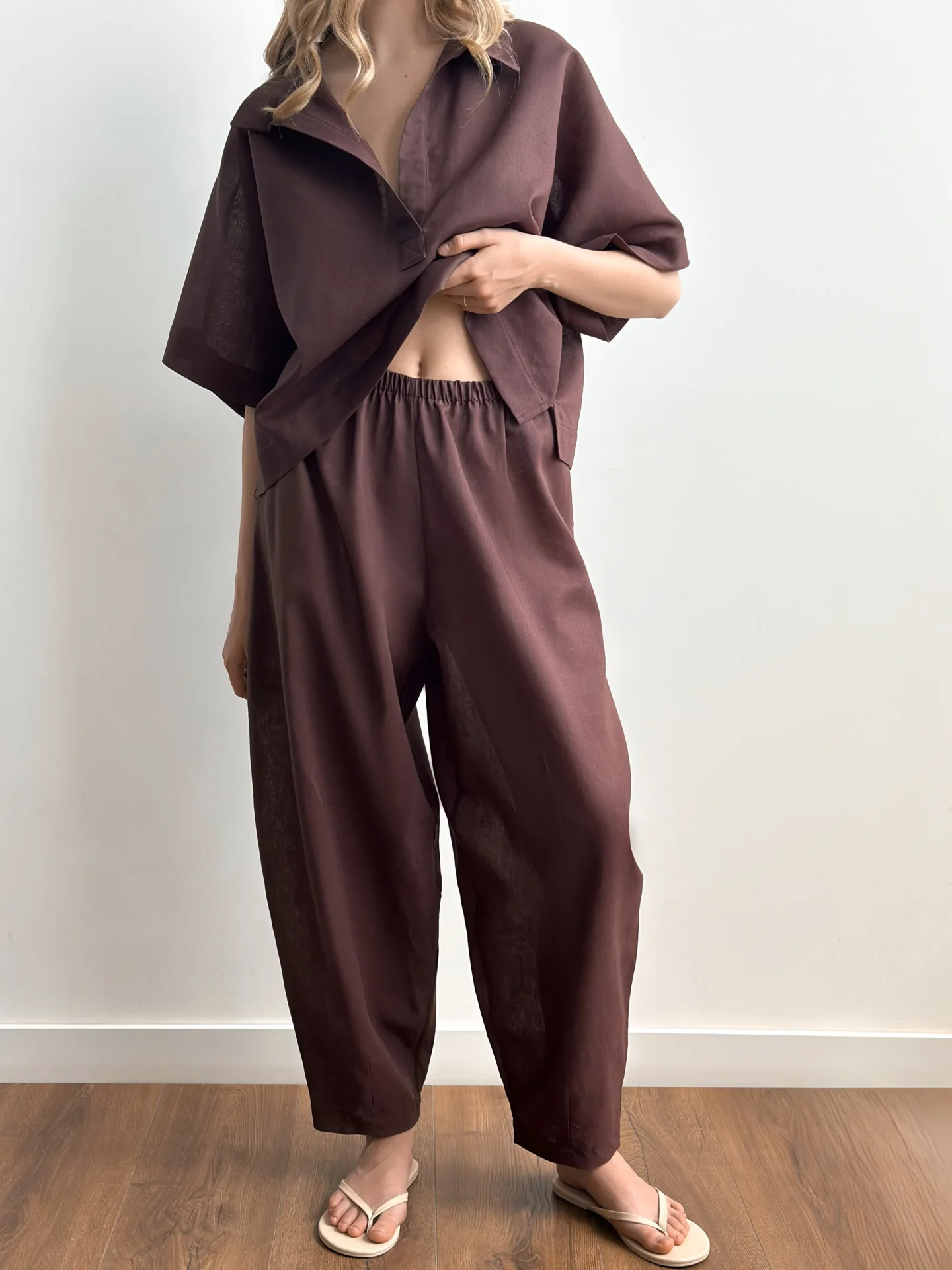 Spodnie Muki z lnu, brązowe