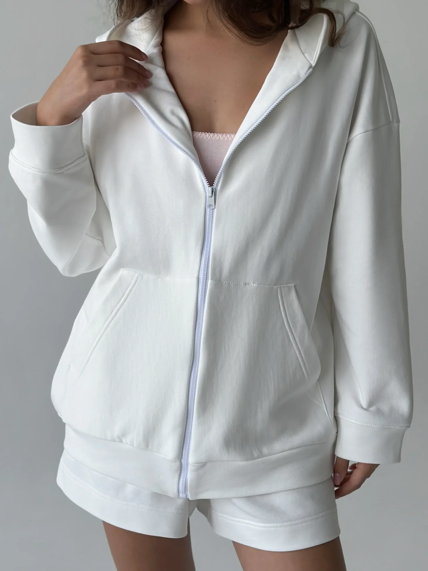 Bluza z kapturem na zamek, z dzianiny 3-nitkowej, biała