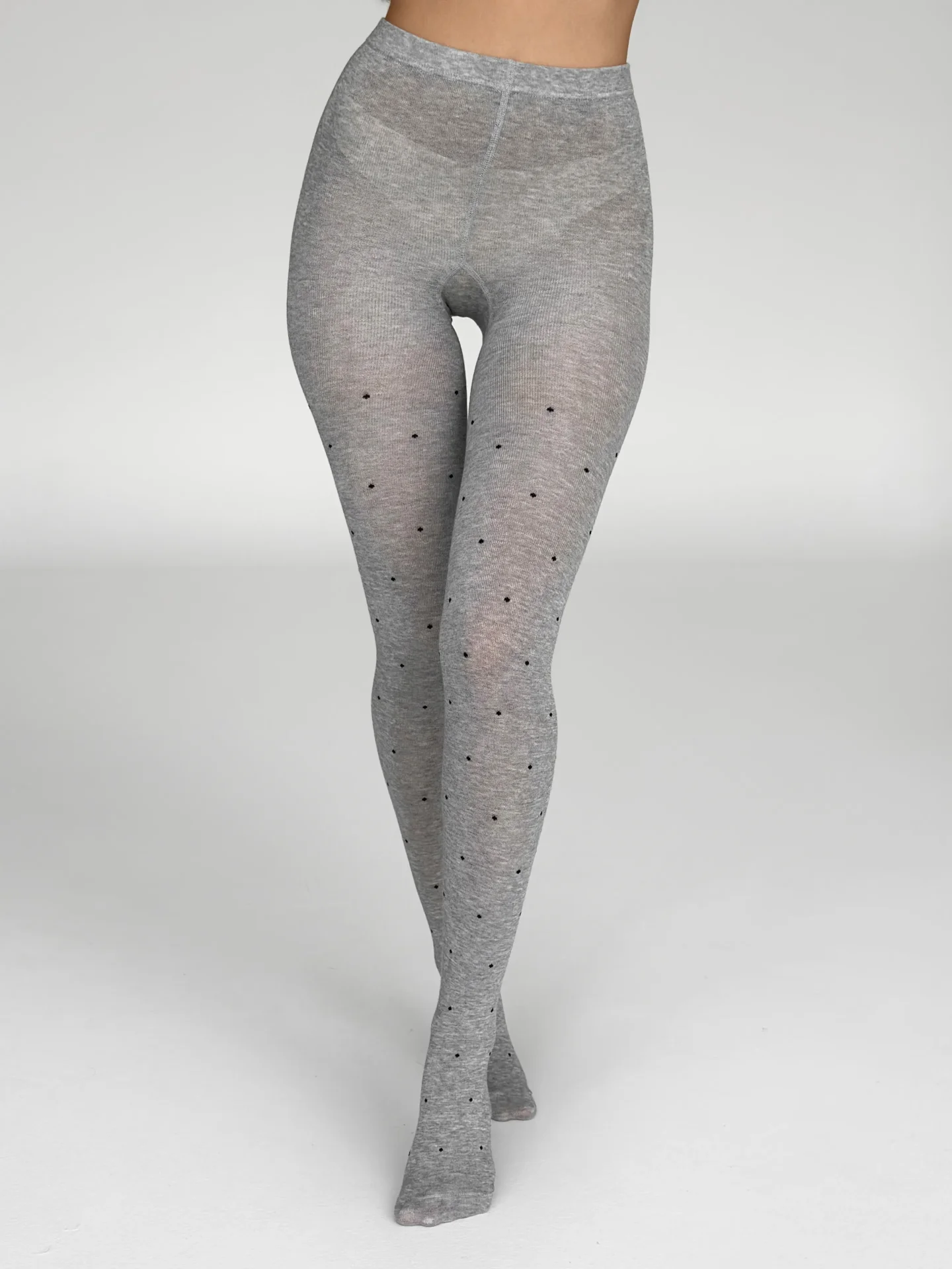 Rajstopy dzianinowe, szare w czarne groszki