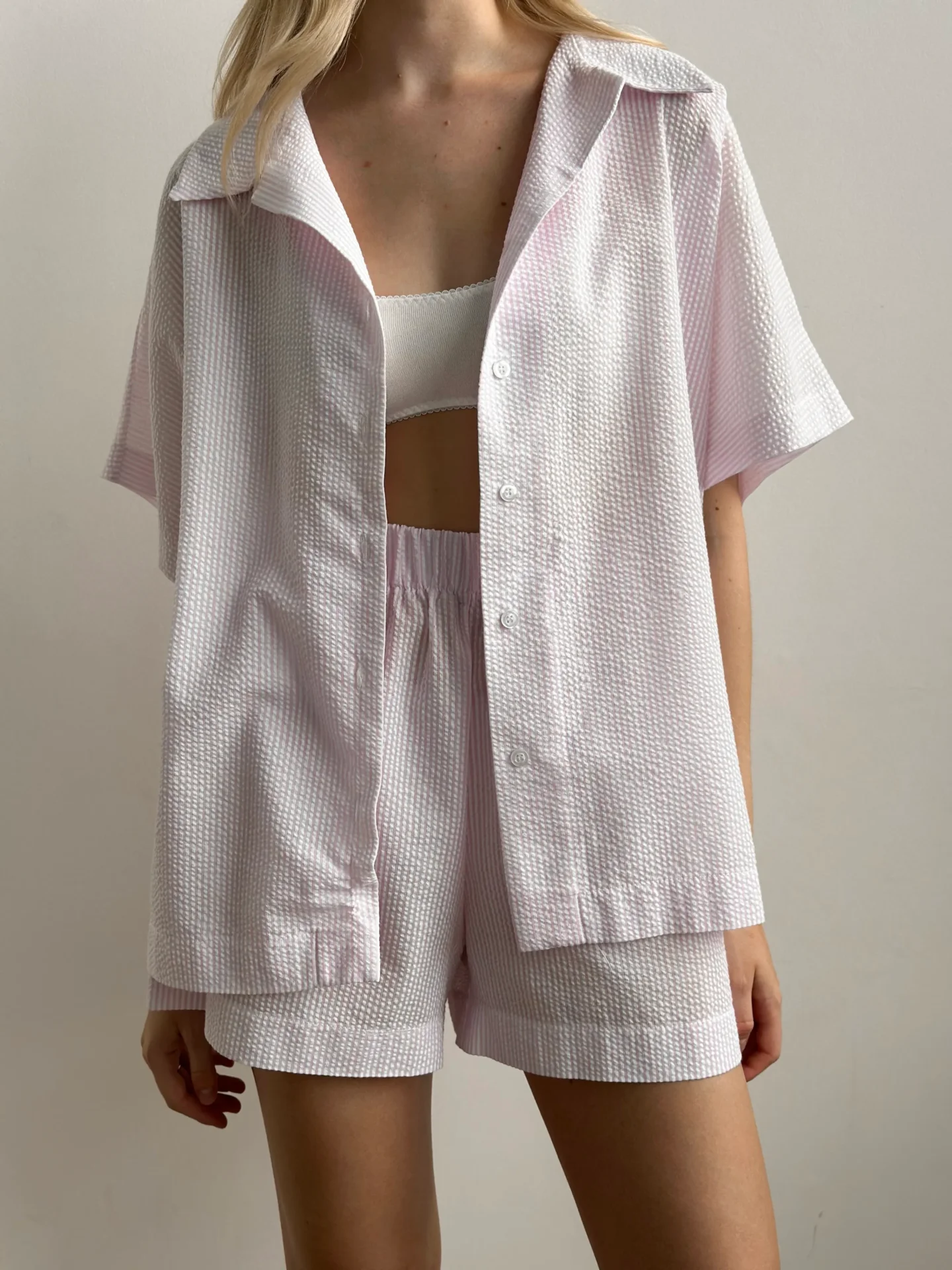 Komplet koszula i szorty, z bawełny kreszowanej, różowy w białe paski