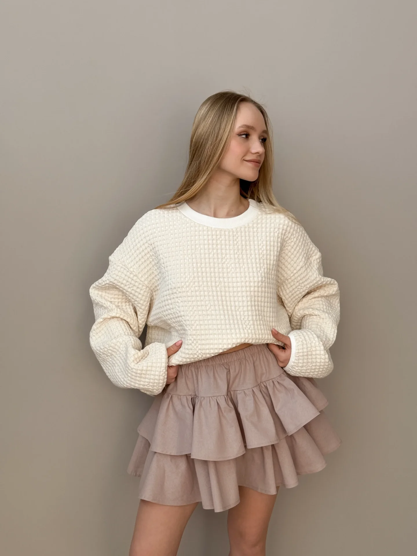 Spódnica z falbanami, z popeliny, beżowa